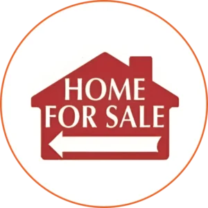 A red sign with the words home for sale on it.